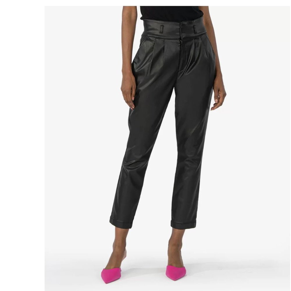 NWT KUT from the Kloth Lessie Coated Denim High-Waist Pleated Pants Faux Leather